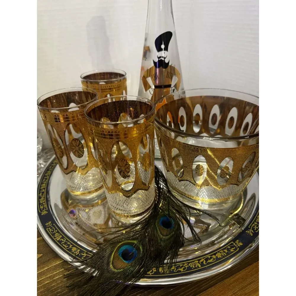 Vintage Gold MCM Libby Bar Set | 3 Glasses | Ice Bucket | Atomic Era | Mad Men
